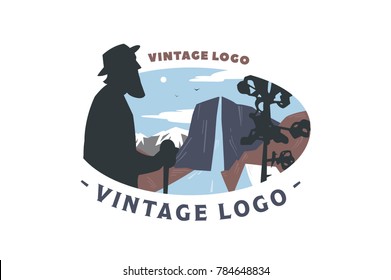 Vintage logo elder and Mountain landscape. Flat illustration of elder with landscape, mountains and river.