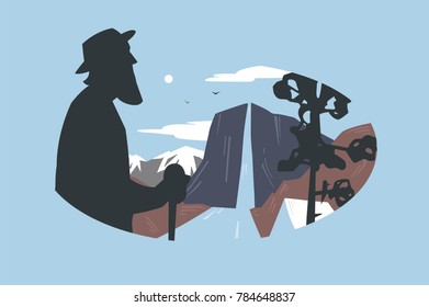 Vintage logo elder and Mountain landscape. Flat illustration of elder with landscape, mountains and river.
