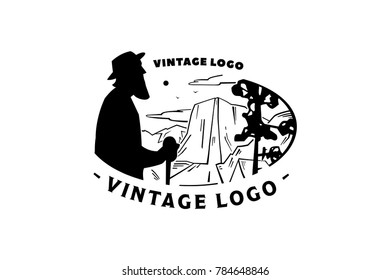 Vintage logo elder and Mountain landscape. Flat illustration of elder with landscape, mountains and river.