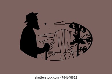 Vintage logo elder and Mountain landscape. Flat illustration of elder with landscape, mountains and river.