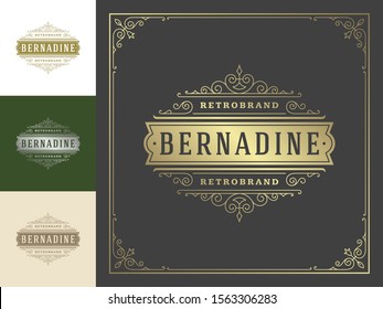 Vintage logo elegant flourishes line art graceful ornaments victorian style vector template design. Classic calligraphic luxury crest royal heraldic boutique, hotel or restaurant sign and ornate frame