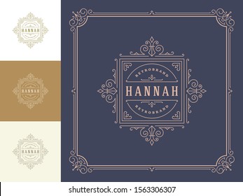 Logotipo vintage elegante floresce linha arte ornamentos graciosos estilo vitoriano design de modelo vetorial. Clássico caligráfico luxo crista real heráldica boutique, hotel ou restaurante sinal e moldura ornamentada