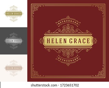 Vintage logo elegant flourishes line art graceful ornaments victorian style vector template design. Classic calligraphic luxury crest royal heraldic boutique, hotel or restaurant sign and ornate frame