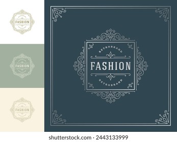 Vintage logotipo elegante florituras line art adornos elegantes estilo victoriano vector plantilla diseño. Clásico caligráfico de lujo cresta real heráldica boutique, hotel o restaurante signo y marco ornamentado