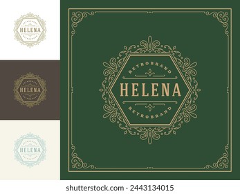 Vintage logo elegant flourishes line art graceful ornaments victorian style vector template design. Classic calligraphic luxury crest royal heraldic boutique, hotel or restaurant sign and ornate frame