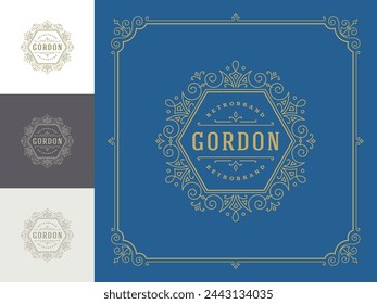 Vintage logo elegant flourishes line art graceful ornaments victorian style vector template design. Classic calligraphic luxury crest royal heraldic boutique, hotel or restaurant sign and ornate frame