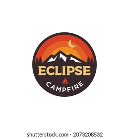 vintage logo of elipse campfire with sunburst background