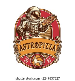 Vintage logo emblem astronaut holding pizza and coke with ornament background and earth below