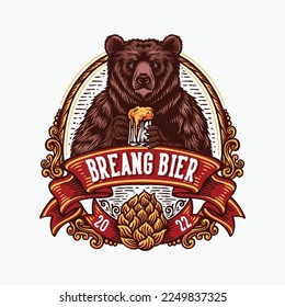 Vintage logo emblem bear holding glass of beer with classic ornament