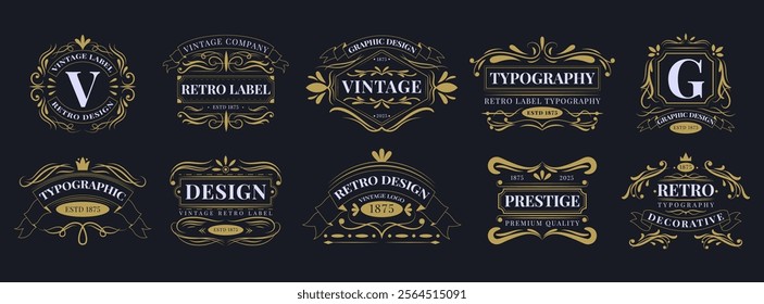 Vintage logo emblem. Classic seal, retro style badge, label design, flourish ribbon. Elegant Victorian crest. Decorative shield elegant premium floral design. Vector banner garish ornament graphic