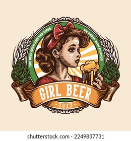 Vintage logo emblem woman holding glass of beer with wheat and pinecone as ornament on circle background