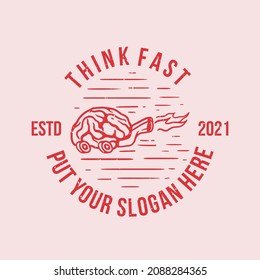 vintage logo fast moving brain with wheels and exhaust emitting fire