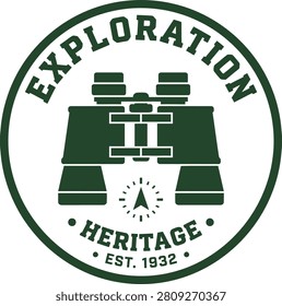 Vintage logo featuring binoculars symbolizing exploration and heritage, established in 1932