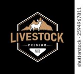 Vintage Logo featuring Deer Standing in Grass Field, with Mountain background in Hexagonal Frame. Suitable for livestock, organic meat business
