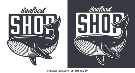 Vintage logo featuring a stylized whale for seafood shops, marine branding, or ocean businesses. Nautical aesthetic with a classic.