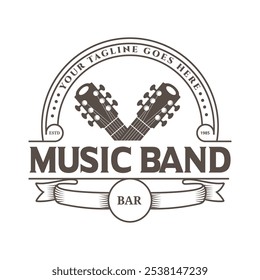 Vintage Logo featuring Two crossed twin Acoustic Guitars, perfect for Music Bars, Nightclubs, Bands or any business in the music industry