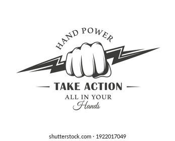 Vintage logo fist and lightning isolated on white background. The hand clenched into a fist holds a lightning bolt. Power and energy concept. Vector illustration