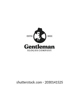 Logotipo vintage con Gentleman en sombrero superior. Silueta con sombrero de hombre 