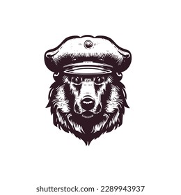 Vintage logo of a German shepherd wearing a beret. an old-school logo of a dog wearing a military hat. Aesthetic retro logo of an army canine isolated on white background. vector logo.