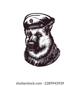 Vintage logo of a German shepherd wearing a beret. an old-school logo of a dog wearing a military hat. Aesthetic retro logo of an army canine isolated on white background. vector logo.