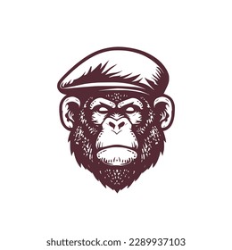 Vintage logo of a gorilla headshot. Vector logo of a gorilla wearing a flat cap. Esport logo of a gorilla wearing a golf cap isolated on white background. vector logo.