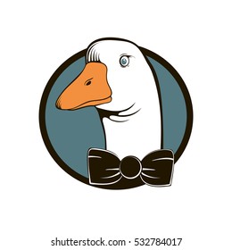 Vintage logo head goose with a bow on the background of blue circle. Stylish vector illustration of cartoon poultry. Well suited for jewelry grocery store, restaurant and similar places.