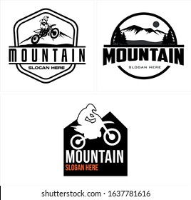 Vintage logo with hexagon circle shape Motocross riders mountain silhouette line vector symbol concept set suitable for sport outdoor trail label recreation