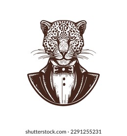 Vintage logo of a leopard head. an old-school logo of a jaguar wearing a tuxedo. Aesthetic retro logo of a panther wearing a bowtie isolated on white background. vector logo.