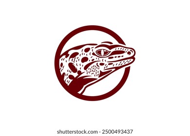 Vintage logo of a lizard with circle. an old school logo of a gecko. Aesthetic retro logo of a sheriff lizard isolated on white background. vector illustration logo in dark red color object.