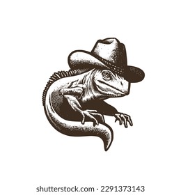 Vintage-Logo einer Eidechse mit einem Cowboyhut. ein altes Logo einer Mafiaeidechse. Ästhetisches Retro-Logo einer Sheriff-Eidechse einzeln auf weißem Hintergrund. Vektorlogo.