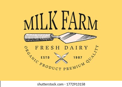 Vintage logo for market or grocery store. Kitchen spatula for cheese. Fresh organic milk farm. Vector Engraved hand drawn sketch for label, emblem, poster or menu.