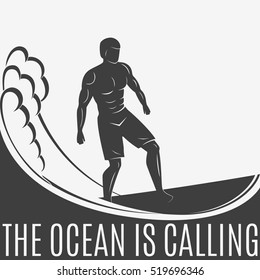 Vintage logo. Men surfing on wave. Man on surfboard. Surf logotype.