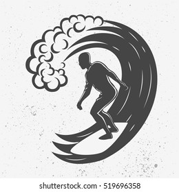 Vintage logo. Men surfing on big wave. Man on surfboard. Surf logotype. Flat