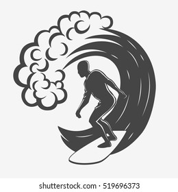 Vintage logo. Men surfing on big wave. Man on surfboard. Surf logotype. Flat