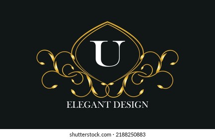 Logo vintage o diseño monograma con una letra U elegante en el centro sobre un fondo oscuro.