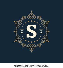 Vintage logo monogram template elegant flourishes ornaments vector illustration. Good for luxury crest, boutique brand, wedding shop, royal hotel sign. Ornate frame border design.