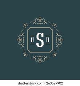 Vintage logo monogram template elegant flourishes ornaments vector illustration. Good for luxury crest, boutique brand, wedding shop, royal hotel sign. Ornate frame border design.
