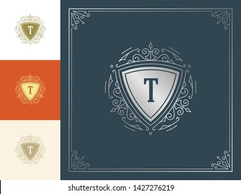 Vintage logo monogram template vector golden elegant flourishes ornaments. Good for luxury crest, boutique brand, wedding shop, royal hotel sign. Frame border design.