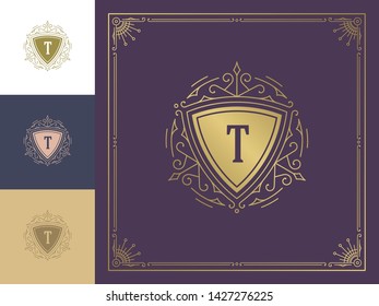 Vintage logo monogram template vector golden elegant flourishes ornaments. Good for luxury crest, boutique brand, wedding shop, royal hotel sign. Frame border design.