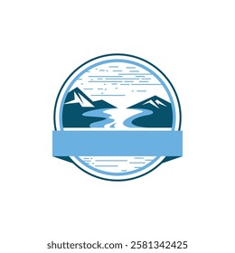 vintage logo of mountain with river inside the circle emblem