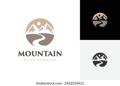 Vintage Logo of Mountain rocks with trekking and sunset or sunrise graphic Silhouette. ravine as symbol of nature exploration vector logo illustration