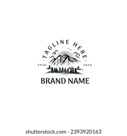 Vintage logo  mountains at sunset with forest illustration is associated with camping and nature