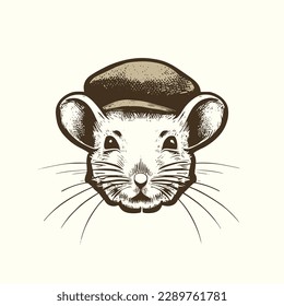 Vintage logo of a mouse wearing a flat cap. an old-school logo of detective mice. Aesthetic retro logo of a newspaper rodent isolated on white background. vector logo.