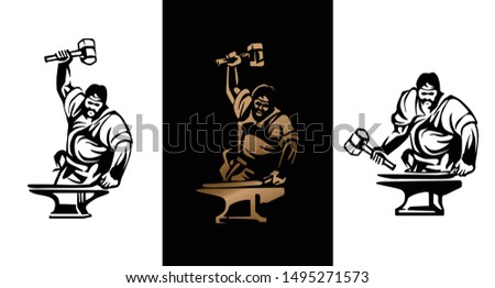 Vintage logo for old forge. Blacksmith with hammer badge, banner forge and sledgehammer