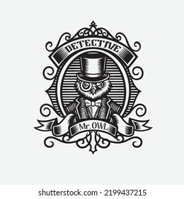 a vintage logo with an owl icon dressed in a suit, tie, glasses and detective hat, framed with ornaments and stripes with an engraving style technique with ancient and retro nuances banner with the w