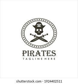 Vintage Logo of a pirate design with a skull head and two crossed swords. Pirate logo design inspiration	