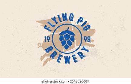 Logotipo de Antiguas, cartel con la silueta de Flying Pig. Cartel de la cervecería. Diseño vintage hipster con textura grunge artesanal. Antiguo estampado retro para camiseta, tipografía. Ilustración vectorial