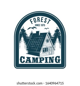 Vintage logo, print apparel design, vector illustration of emblem, patch, badge with Wooden forest house village cottage for relaxing on the nature. Adventure, travel, summer camping, outdoor, journey