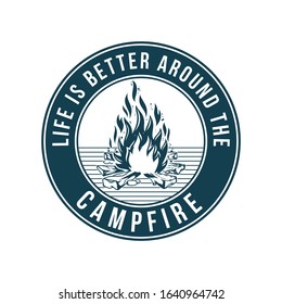 Vintage logo, print apparel design, vector illustration of emblem, patch, badge with campfire, fire, flame mountain trip. Adventure, travel, summer camping, outdoor, natural, journey concept.