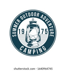 Vintage logo, print apparel design, vector illustration of emblem, patch, badge with old gas lamp for traveling, explore, lighting in forest . Adventure, travel, summer camping, outdoor, journey.
